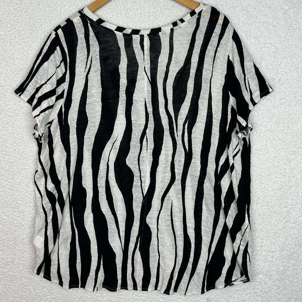 Rachel Zoe Womens 1X Linen Top Black White Zebra Stripe Short Sleeve Blouse Plus - Picture 8 of 8